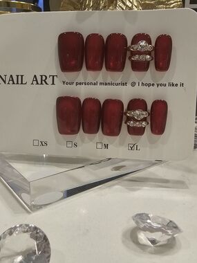 Red Gloss Press-On Nails w/ Rhinestone Accent, Manicure & Pedicure In 1 (Large)